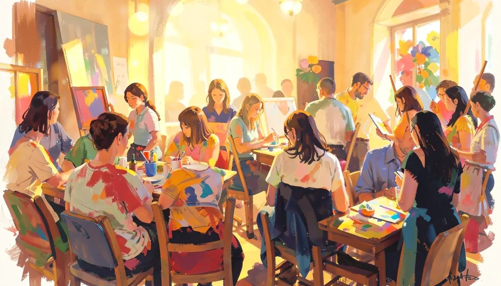 Communauté d'artistes au travail dans un atelier chaleureux